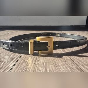 Tarox Italian Leather Belt Black Croc Embossed Gold Buckle Quiet Luxury M